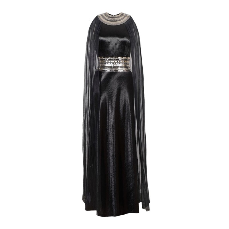 BLACK FALL-PANELLED TEXTURED SATIN GOWN