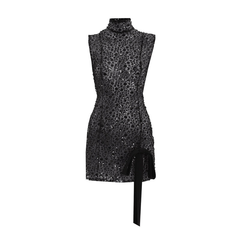 BLACK FLOWER EMBROIDERED BOW MINI DRESS