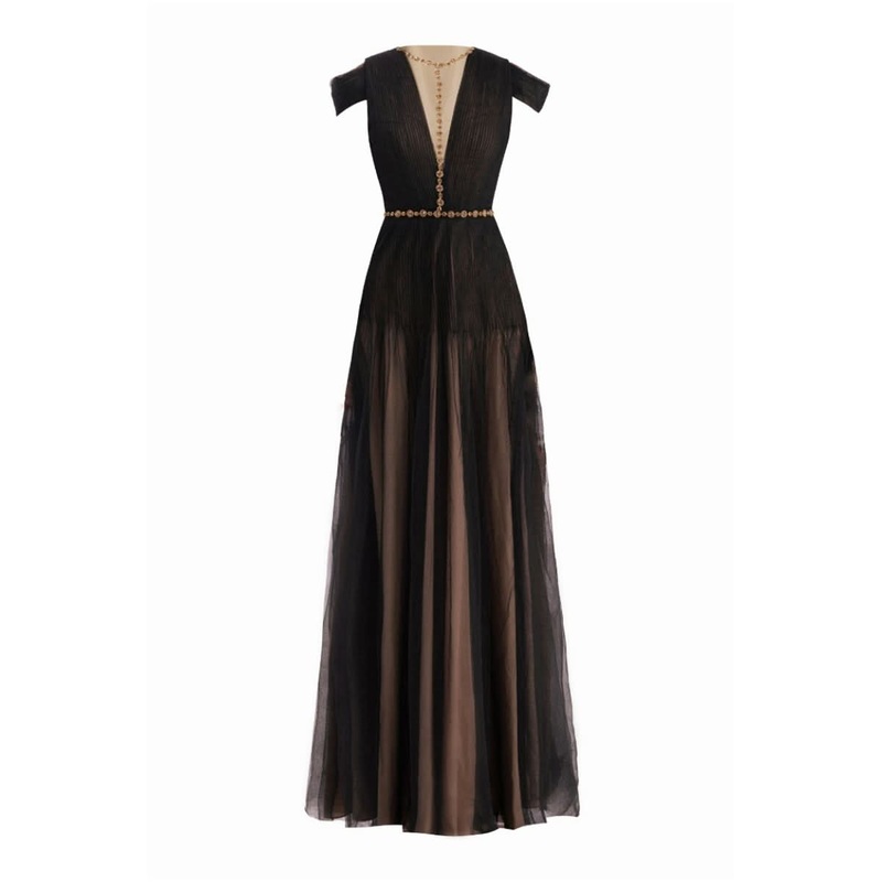 BLACK PLEATED PUFFY SLEEVED MESH MAXI DRESS