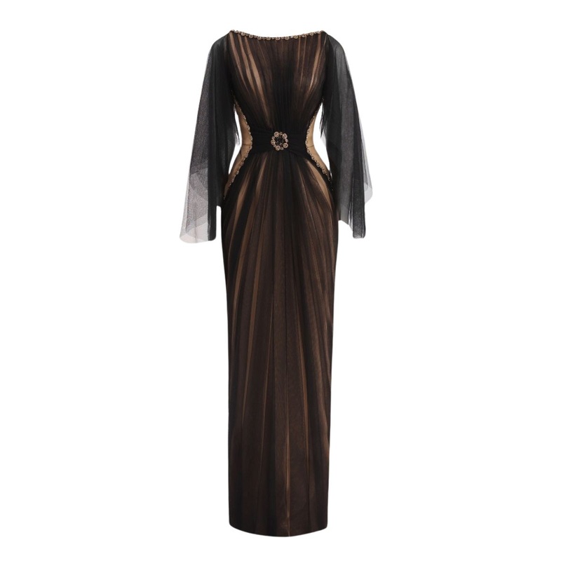 BLACK PLEATED WAIST MESH MAXI DRESS