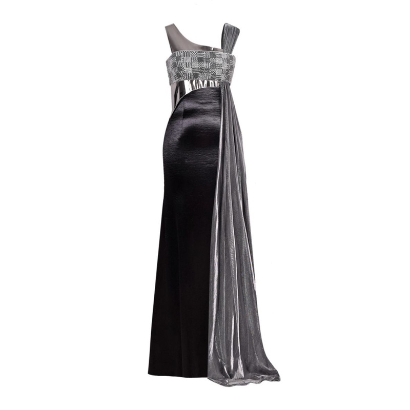 BLACK SEQUIN BUSTIER ASYMMETRIC GOWN