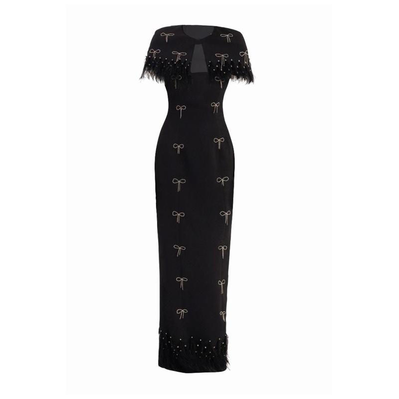 BLACK SPARKLY MAXI DRESS WITH FEATHERS