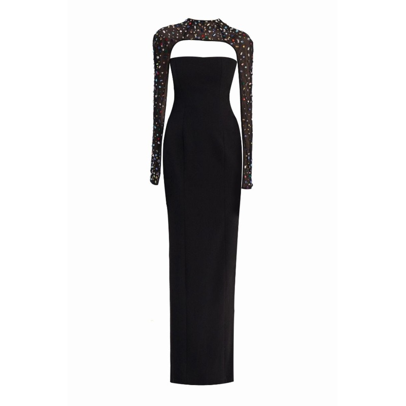 BLACK STRAIGHT MAXI DRESS WITH STONES EMBELLISHMENTS