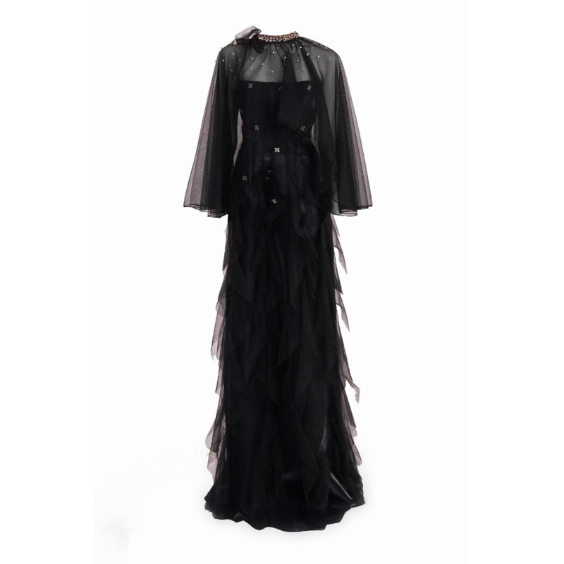 BLACK TAFETTA MAXI DRESS WITH SHOULDER CAPE