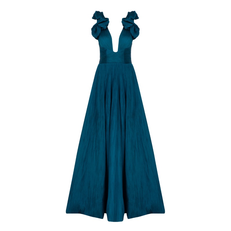CAPRICE TURQUOISE RUFFLED V-NECK GOWN