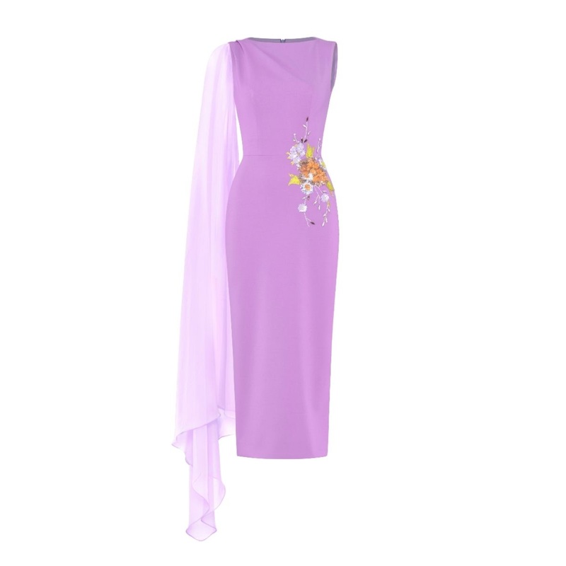 CHARMIE VIOLET EMBROIDERED PENCIL MIDI DRESS