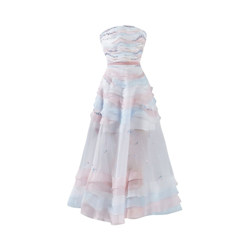 DALLAS OMBRE ORGANZA STRAPLESS LAYERED MIDI DRESS