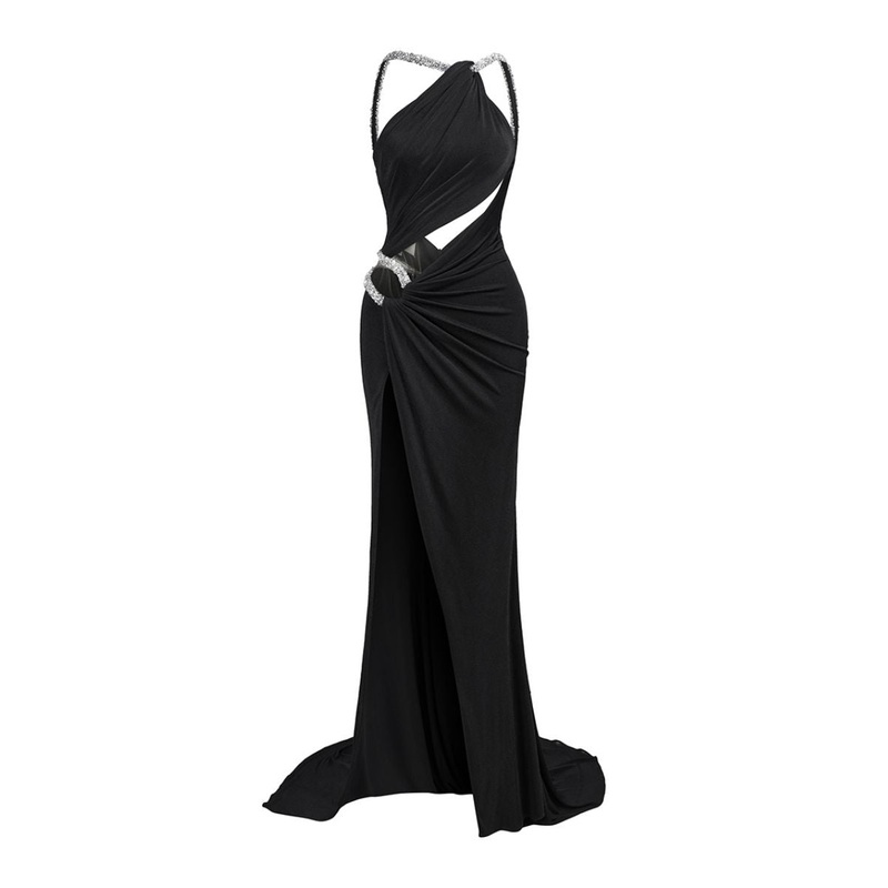 DORY BLACK ASYMMETRIC DRAPPED GOWN
