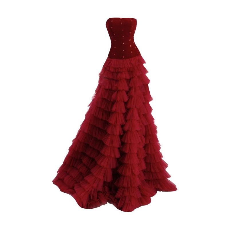 EMILY RED FIT AND FLARE STRAPLESS MESH GOWN