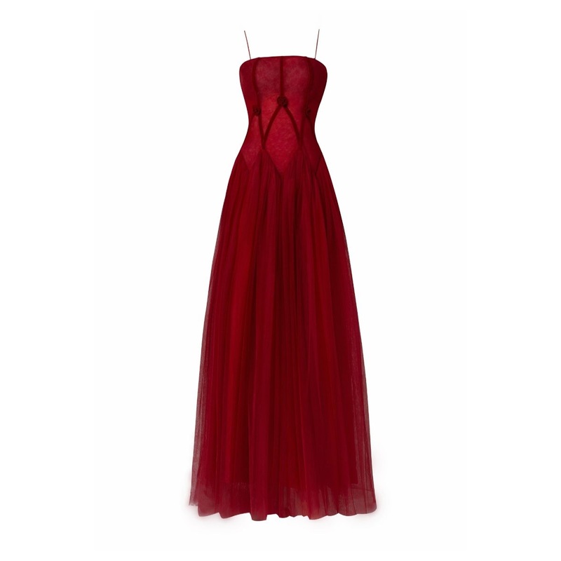 GEMINI RED DROP WAIST MESH MAXI DRESS