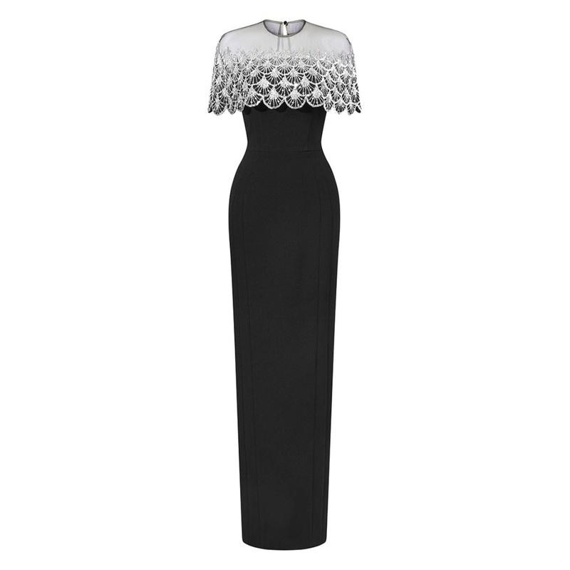 KRISTOFF BLACK BATEAU NECK GOWN WITH BEADED MINI CAPE