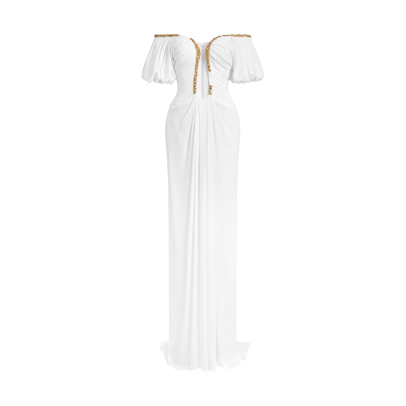 MIGUEL WHITE DRAPED BEADED LONG GOWN
