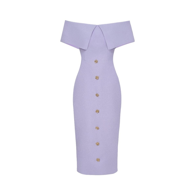 PASTEL VIOLET OFF-SHOULDER PENCIL MIDI DRESS