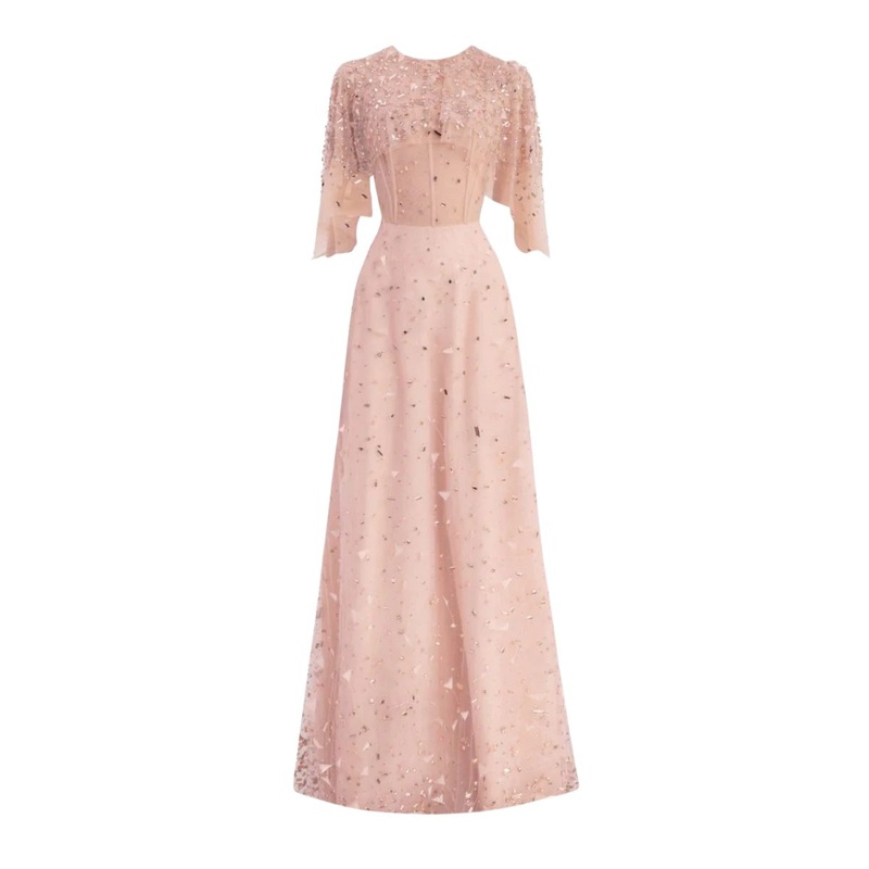 PINK CRYSTAL EMBELLISHED MESH MAXI DRESS