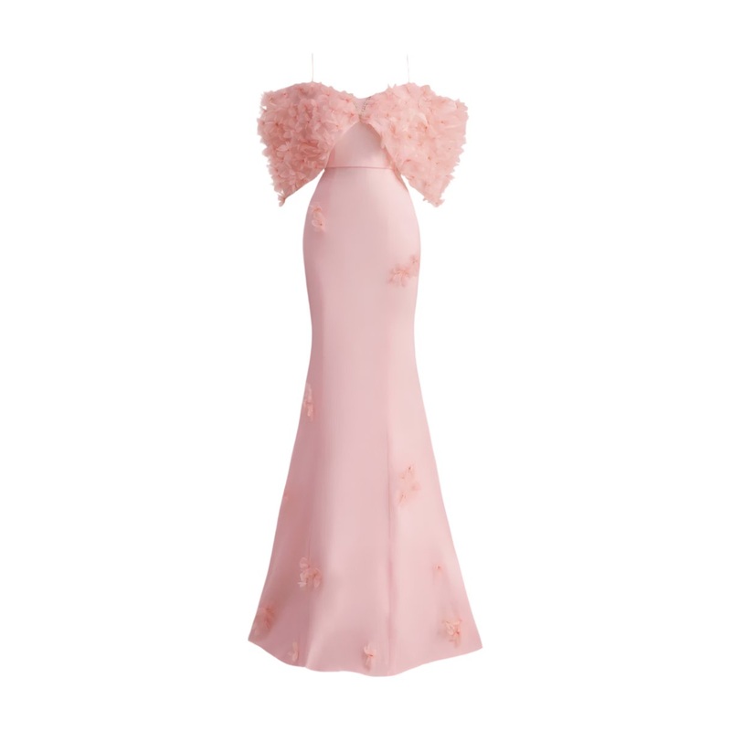 PINK FLOWER APPLIQUE ORGANZA GOWN
