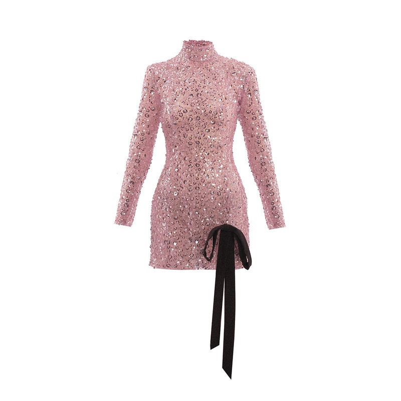 PINK FLOWER EMBROIDERED BOW MINI DRESS