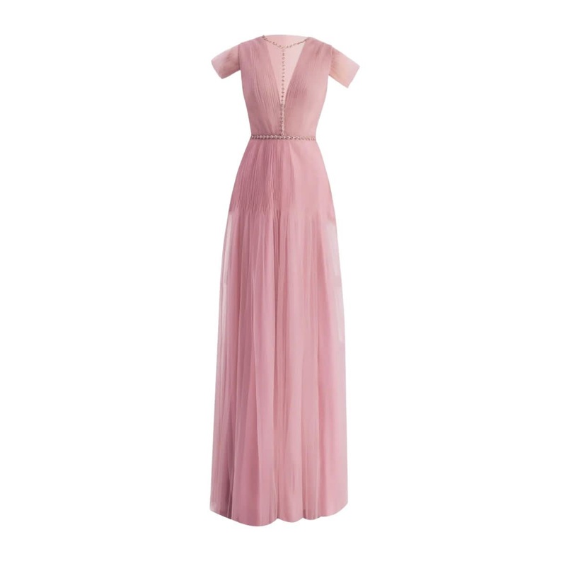 PINK ORGANZA A-LINE COLD SHOULDER MAXI DRESS