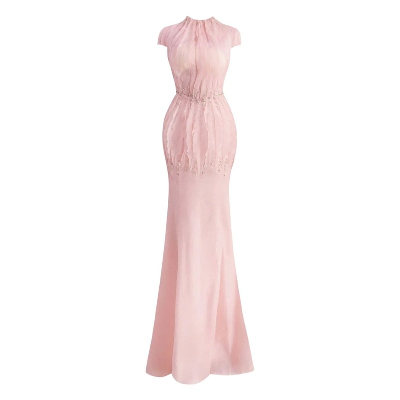 PINK ORGANZA STRAPLESS LAYERED MAXI DRESS