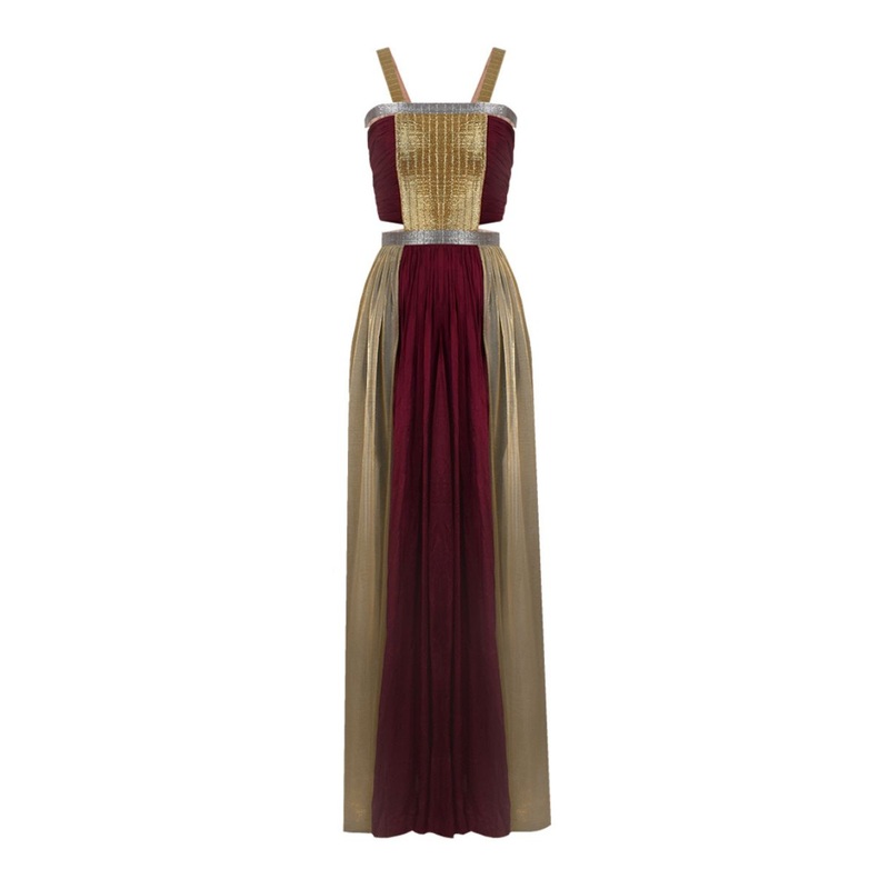 RED AND GOLD GATHERED CHIFFON SLIT GOWN