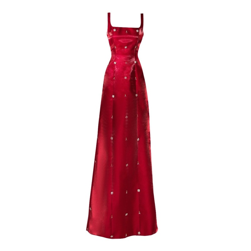 RED SQUARE NECK TAFFETA MAXI DRESS