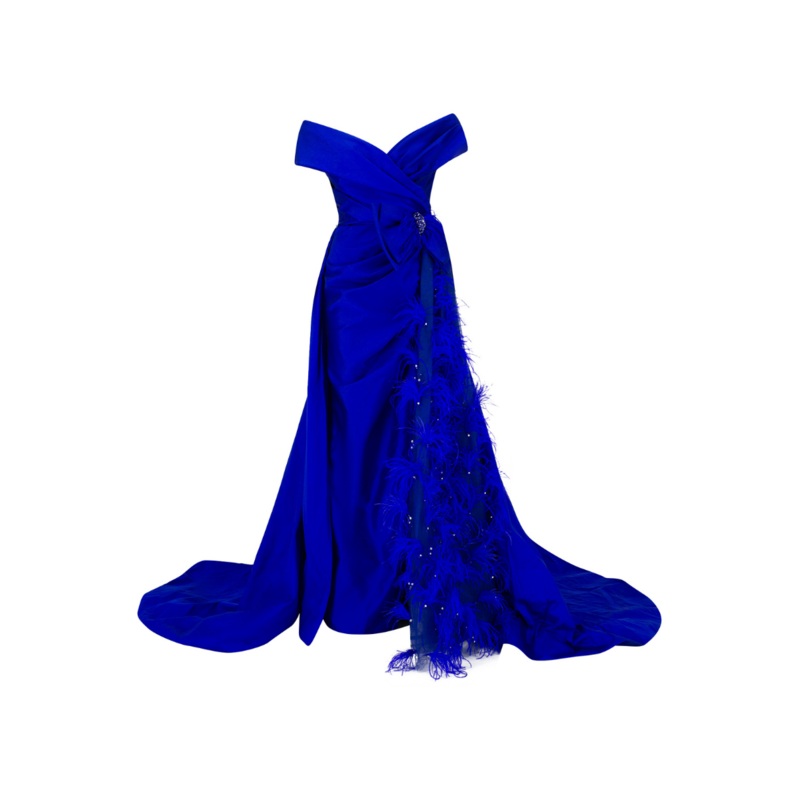 TAYLOR ROYAL BLUE FEATHER TRIMMED GOWN