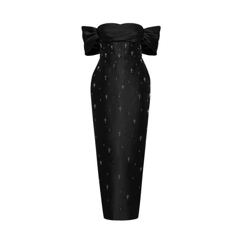 VIVIAN BLACK OFF-SHOULDER PENCIL MIDI DRESS