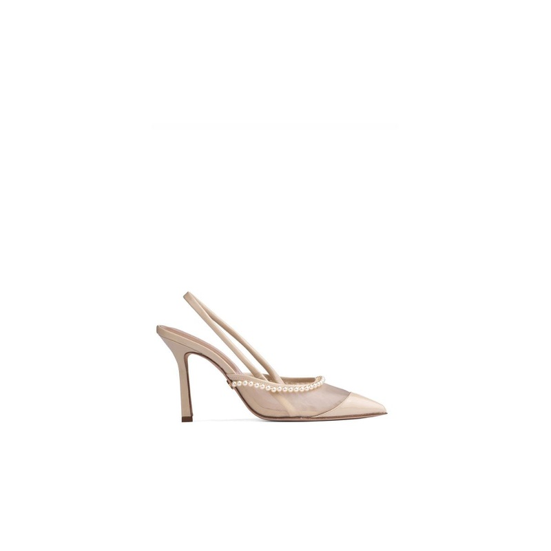 WHEAT PATENT PEARL SLINGBACK HEELS