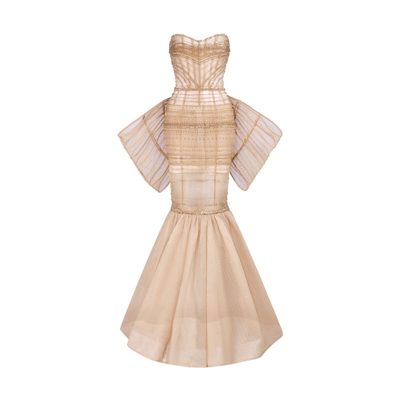 BEIGE CRYSTAL-EMBROIDERED TULLE MERMAID DRESS