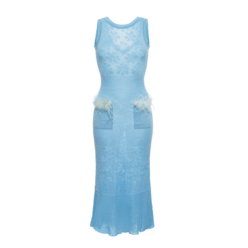 BLUE KNIT MIDI DRESS WITH FEATHERS