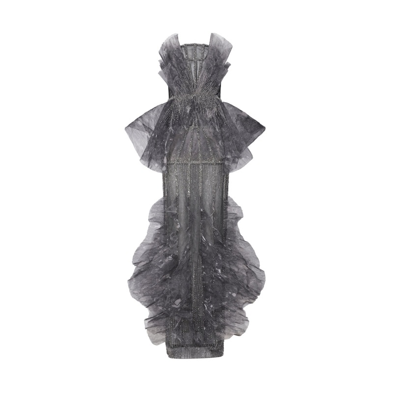 DARK GRAY PLEATED CHIFFON GOWN WITH CRYSTAL EMBROIDERY