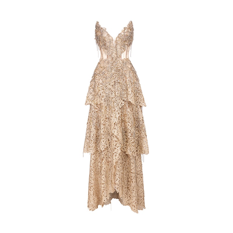 DEEP GOLD VNECK CORSET DRESS WITH METALLIC BEAD EMBROIDERY AND PLAYFUL FRINGES