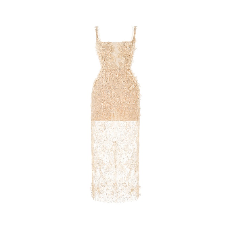 IVORY BEADED LACE PENCIL DRESS