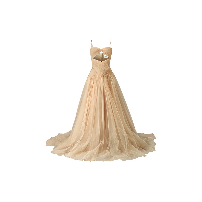 NUDE PLEATED TULLE MAXI DRESS WITH CUT-OUT