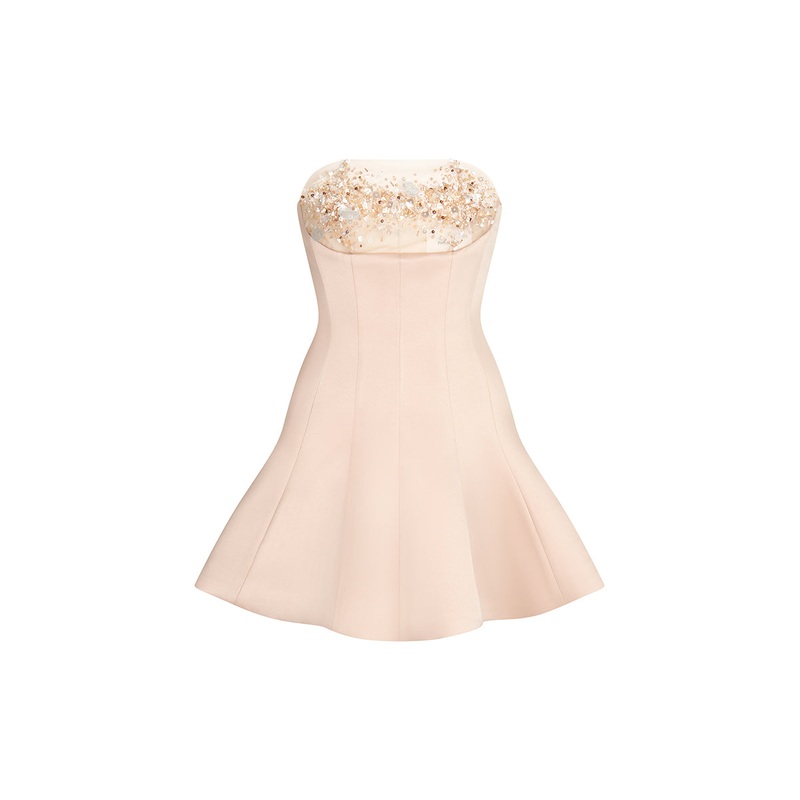 NUDE SHEER TULLE MINI DRESS WITH CRYSTAL EMBROIDERY