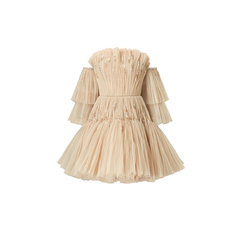 THREE LAYERS TULLE DRESS WITH LEAF-SHAPE CRYSTAL EMBROIDERIES