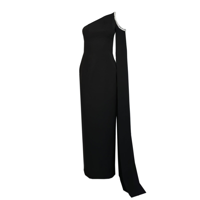 ASYMMETRIC STONE-EMBELLISHED BLACK GOWN