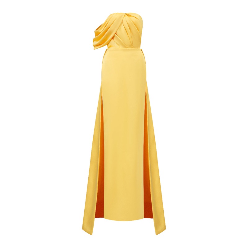 ASYMMETRICAL DRAPED STRAPLESS COLUMN SILK GOWN