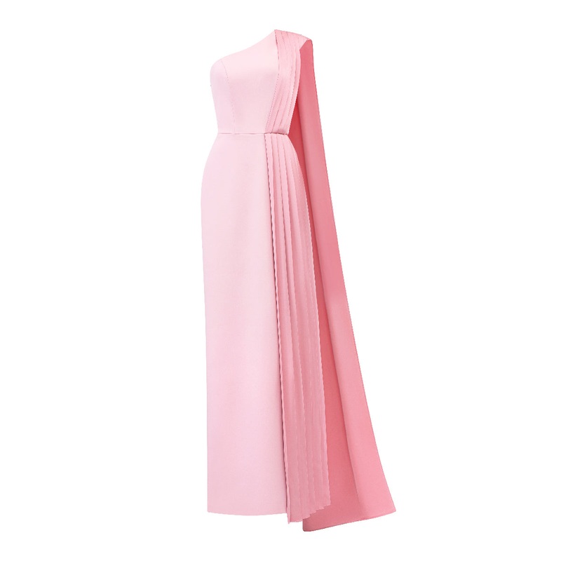 ASYMMETRICAL SHOULDER COLUMN GOWN WITH PLEATED DETAILS
