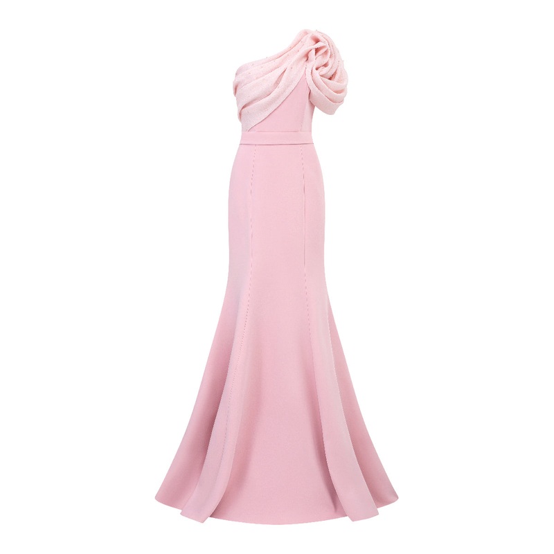 ASYMMETRICAL SHOULDER MERMAID GOWN WITH FLORAL DRAPED DETAILS