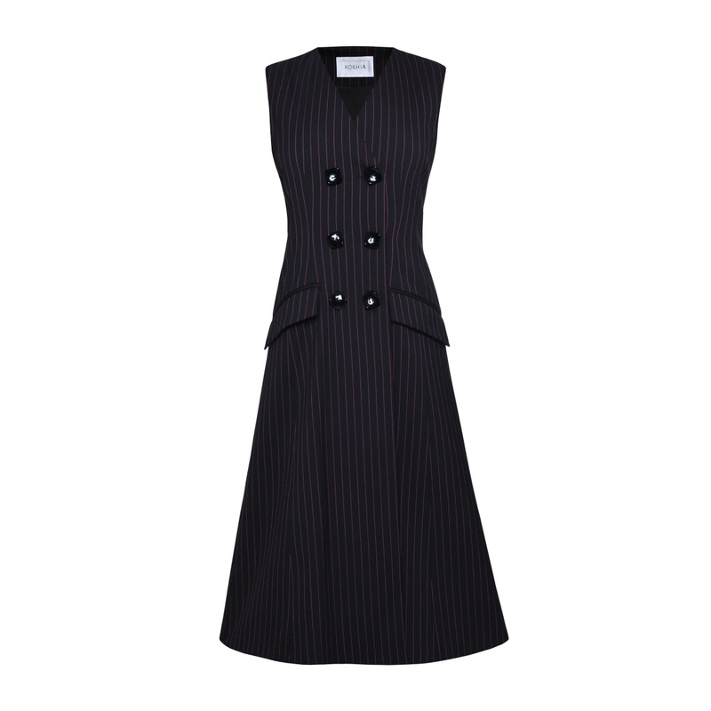 BLACK DOUBLE BREASTED PINSTRIPE MIDI DRESS