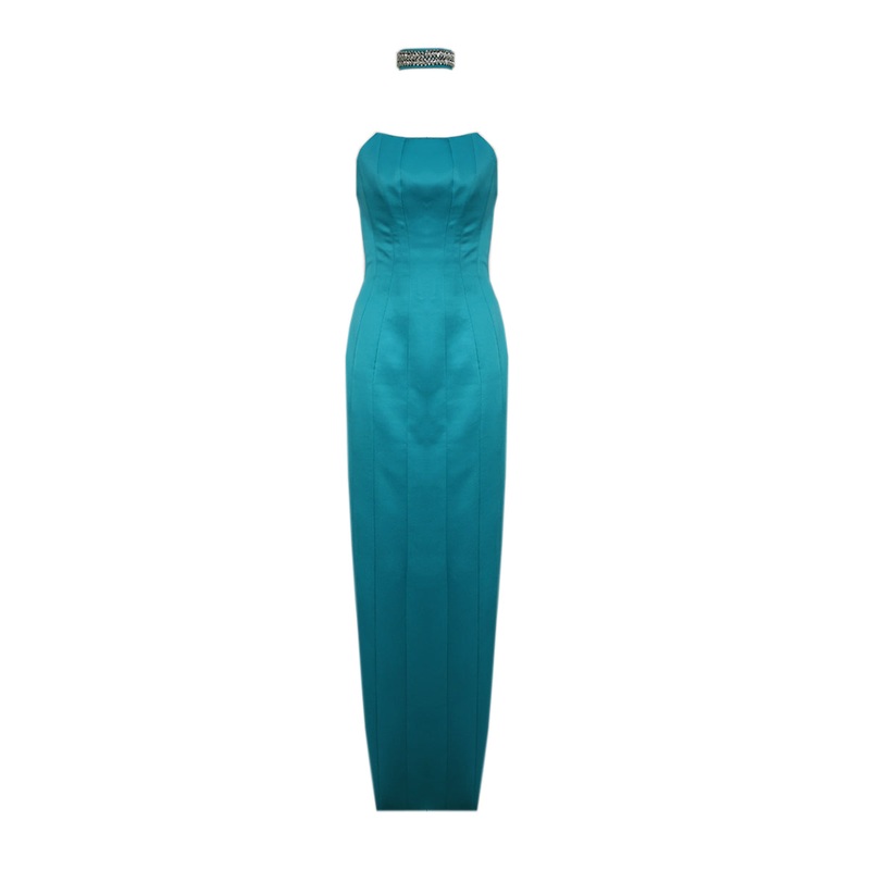 CORSET GOWN WITH BEDAZZLED CHOKER ACCENT