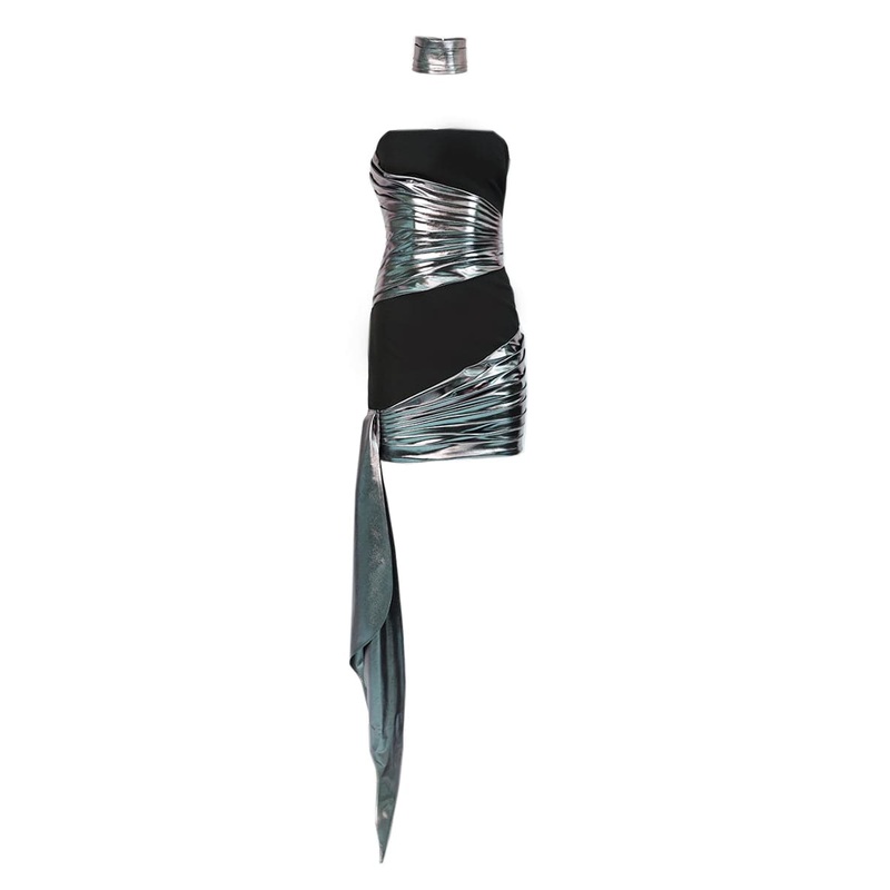 GLEAMING DRAPED METALLIC MINI DRESS
