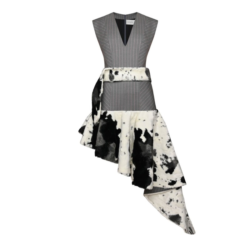 GRAY FAUX FUR TRIM MIDI DRESS