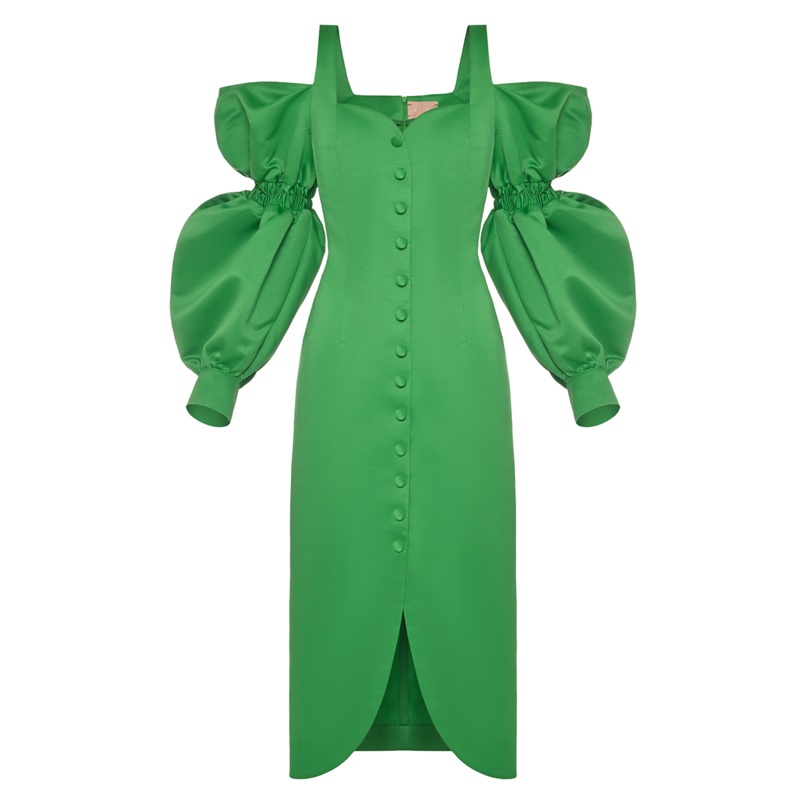 GREEN PUFF SLEEVES DRESS