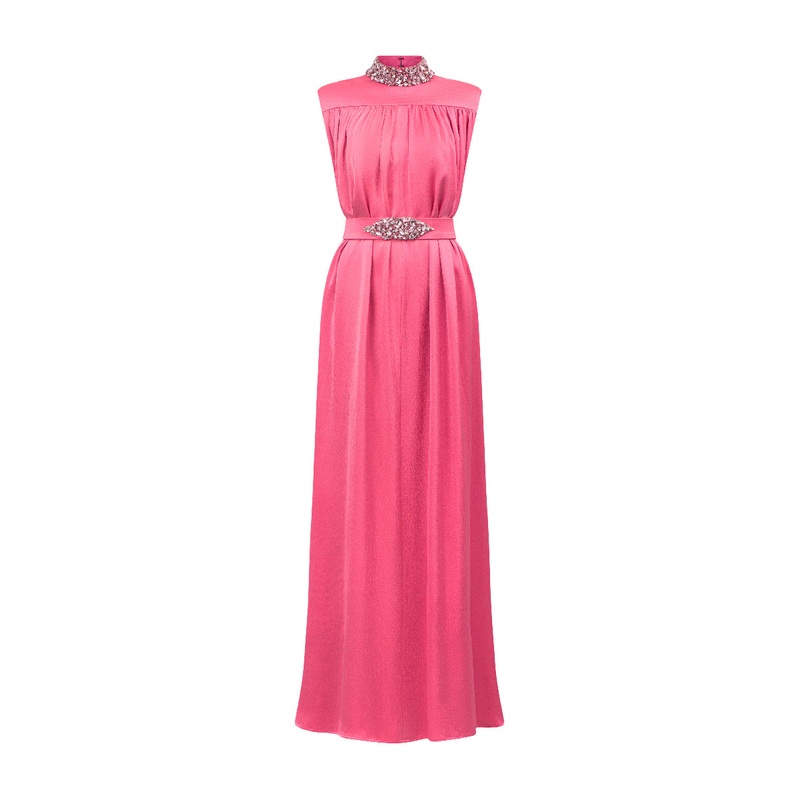 HIGH NECK SLEEVELESS GATHERED SILK GOWN