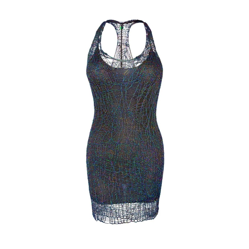 IRIDESCENT GUNMETAL CHAIN SPIDERWEB RACERBACK MINI DRESS