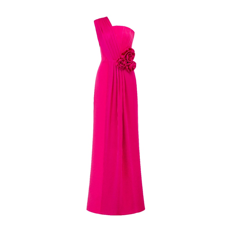 PLEATED ONE-SHOULDER COLUMN GOWN WITH ROSE DRAPED DETAILS