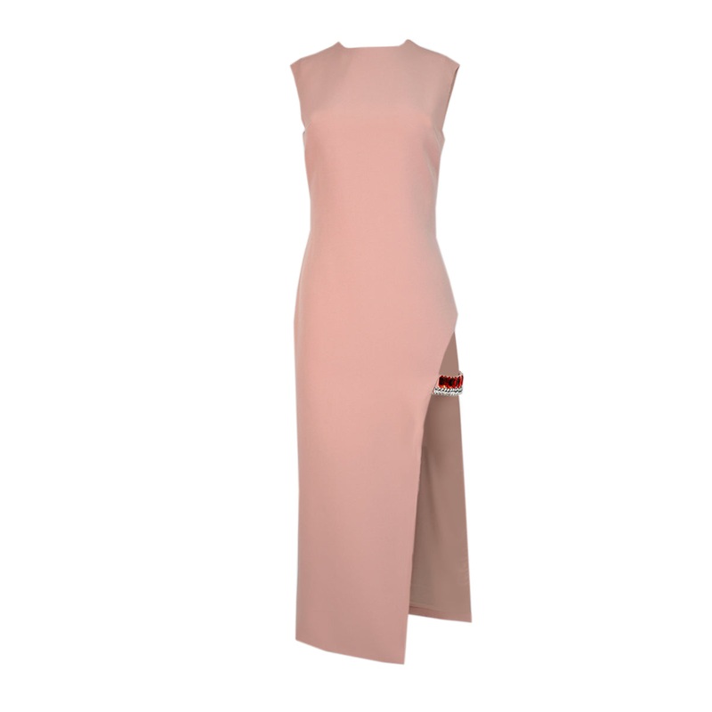 POWDER PINK CRYSTAL-ADORNED MIDI DRESS