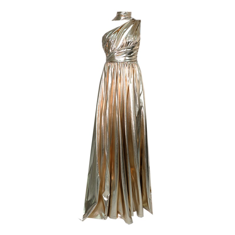 ROSE GOLD METALLIC DRAPED ASYMMETRIC GOWN