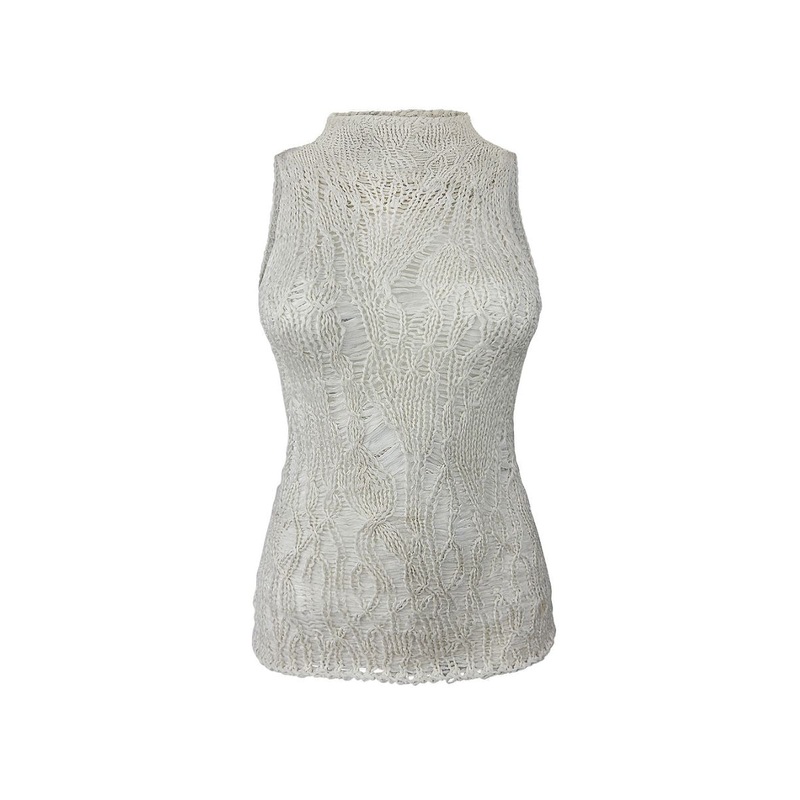 WHITE SILK MOCK NECK SLEEVELESS SWEATER